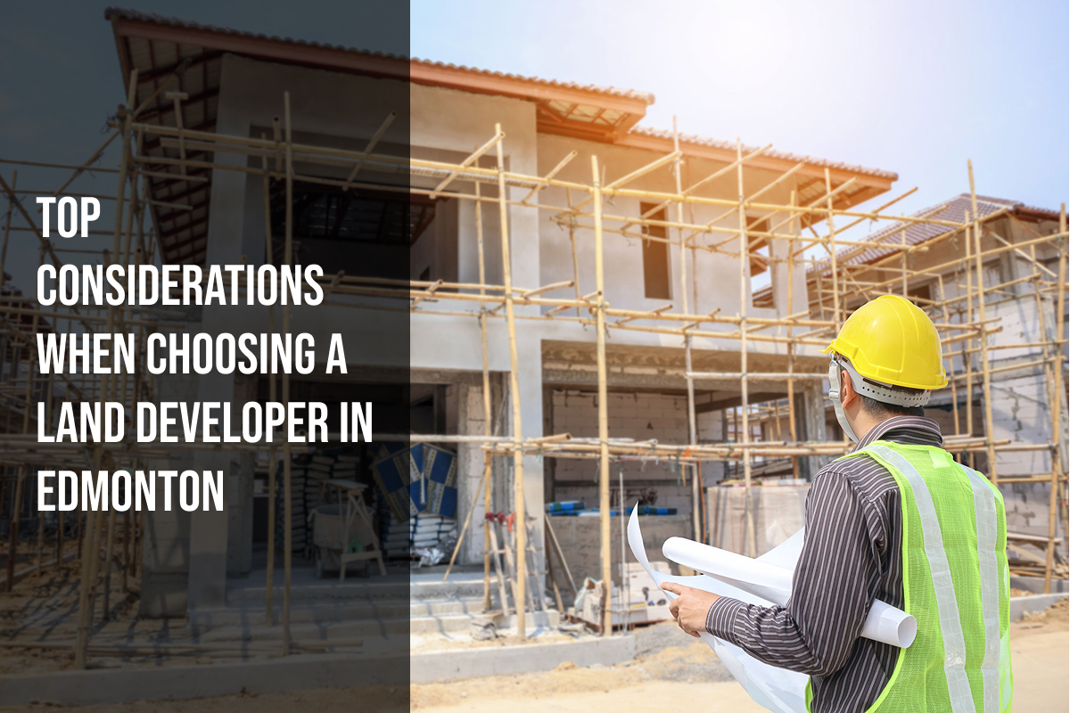 A ground view of a house that is being build. A construction worker stands in front of it looking at documents. Saga Development is ready to help you with your land projects in Edmonton