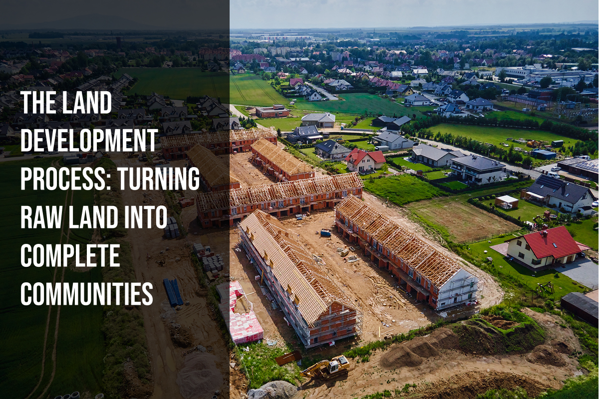 A bird's eye view of a residential development in progress. Saga Development is committed to helping you turn raw land into complete communities.