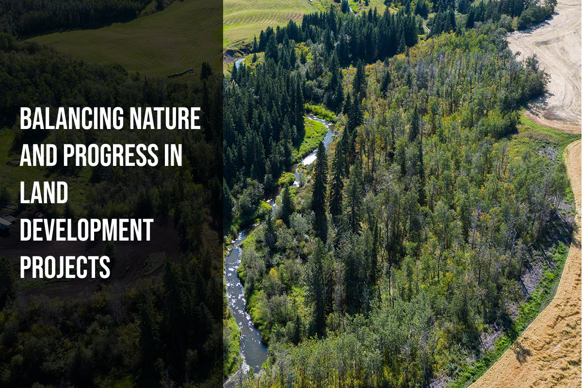 A bird's eye view of a forest next to the edge of a development. Balancing nature and progress in land development is a top priority and commitment at Saga Development