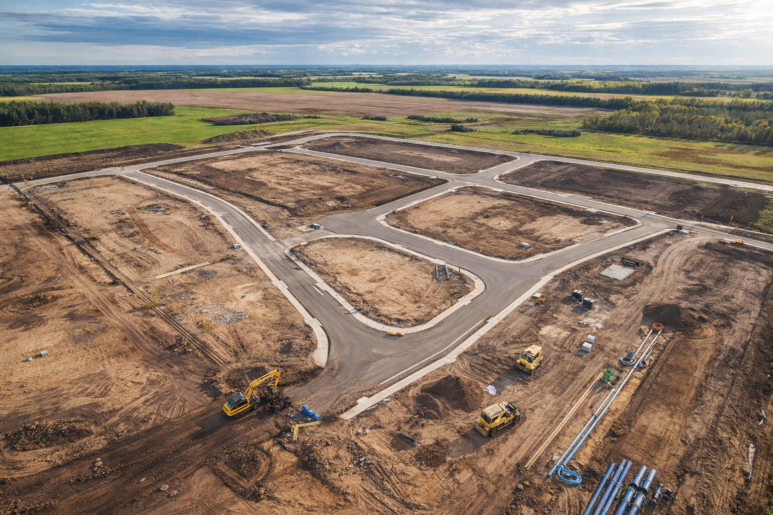 Stages of land development in Alberta showing early subdivision and infrastructure planning