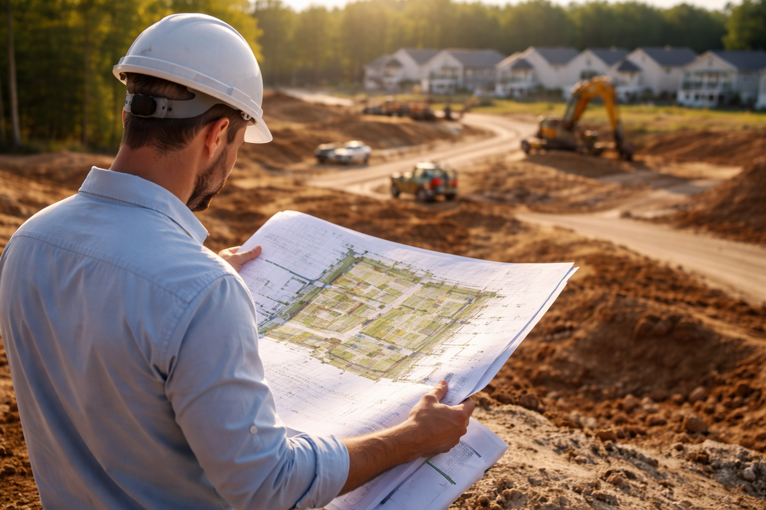 Construction manager reviewing land development plans at a residential development site in Edmonton