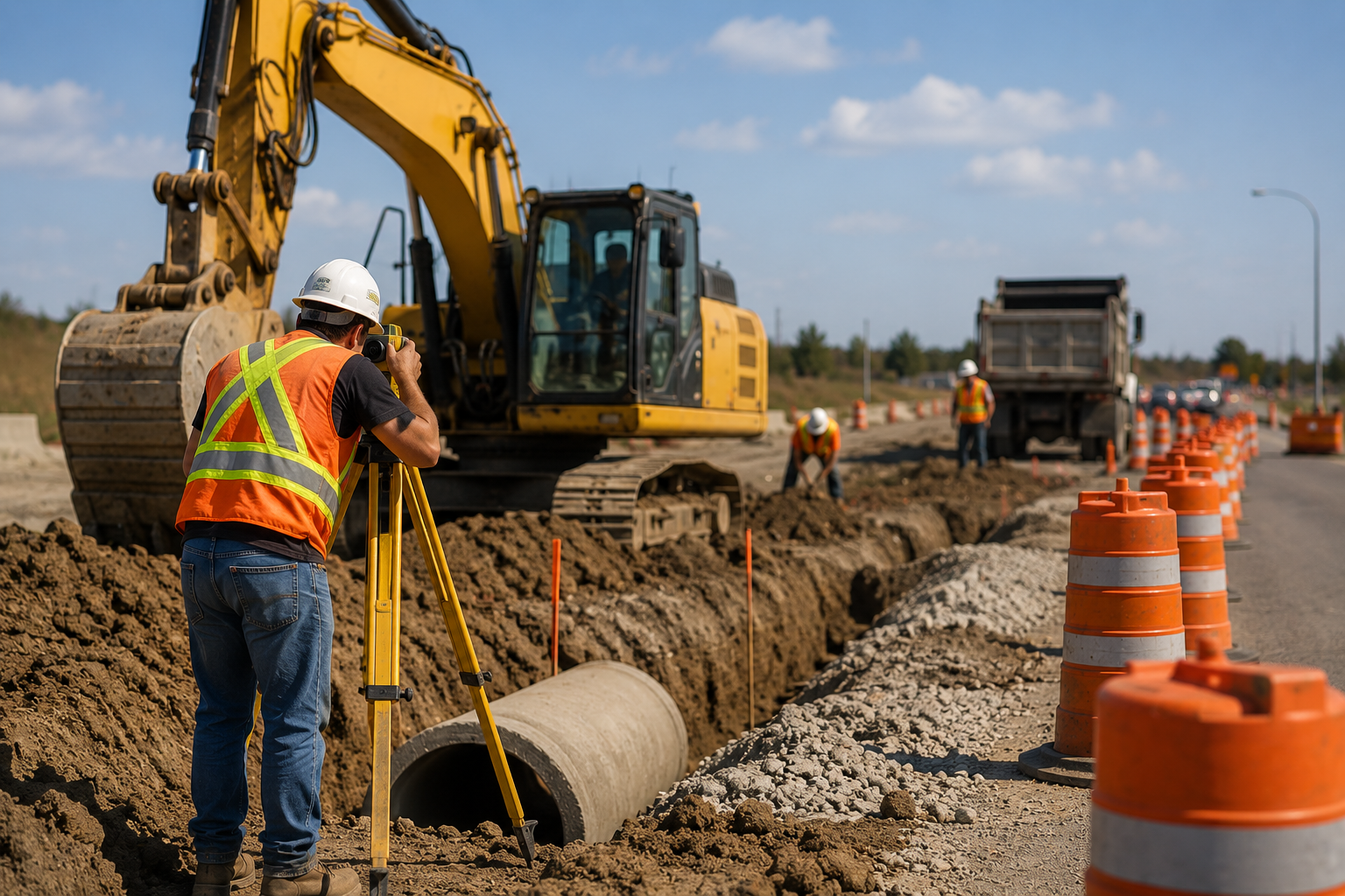 Construction crews installing underground infrastructure and utility services during Edmonton's summer construction season.