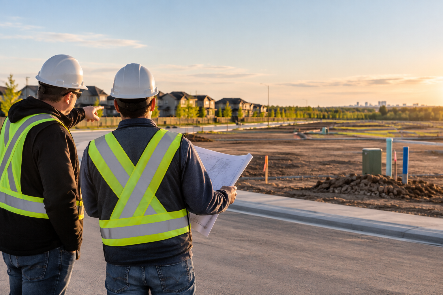 Development professionals reviewing builder-ready residential lots in an Edmonton subdivision